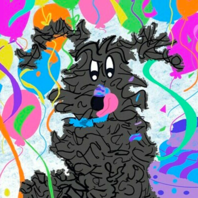 Illustrated Tucker with colorful balloons and birthday cake